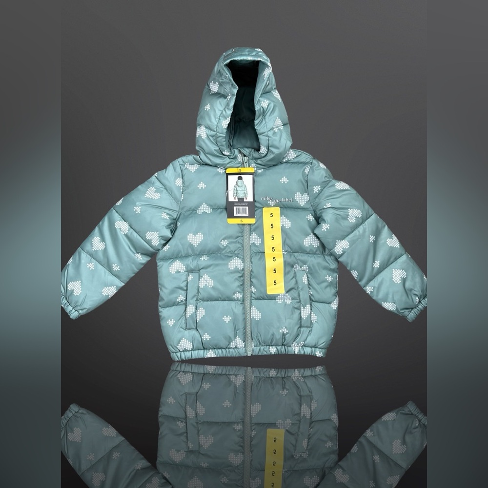Miles the Label kids' hooded puffer jacket with a white heart print Size 5